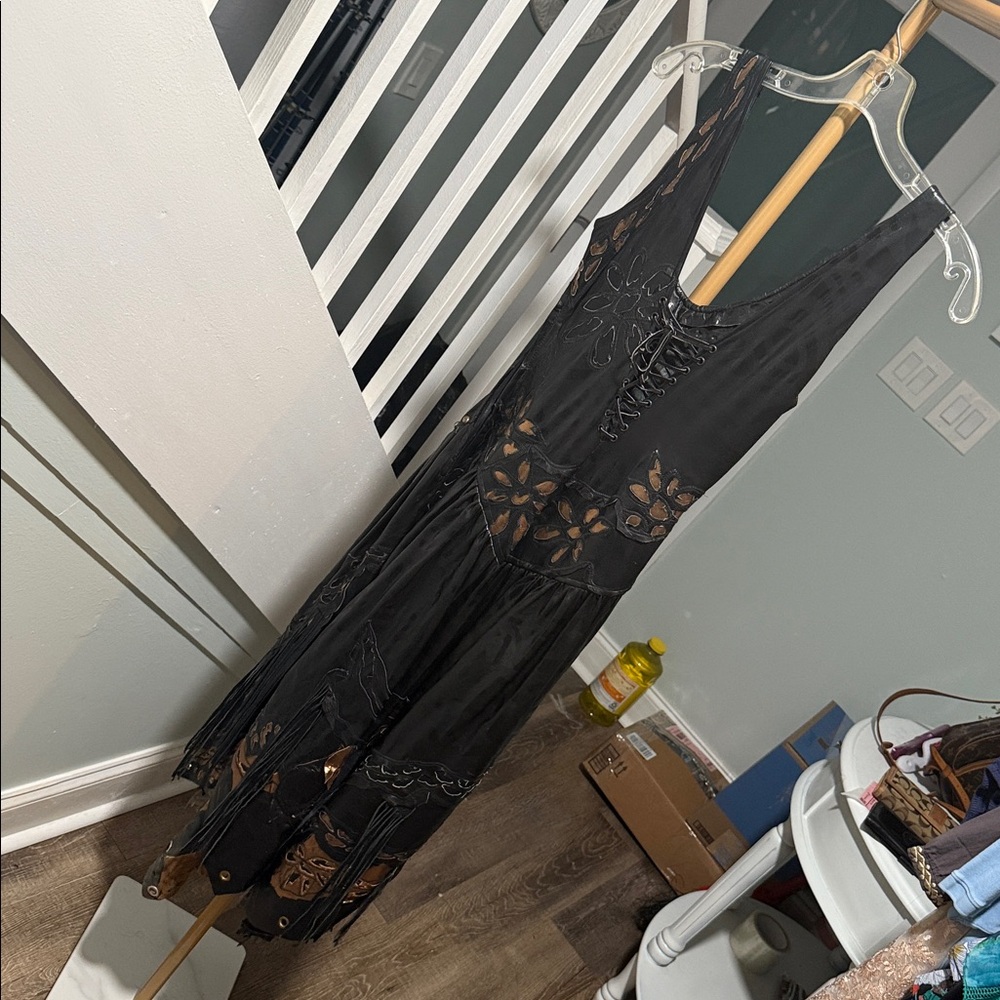 90s vintage Boho Studded Fringe Dress — Black & Bronze Cutout Detail leather - Picture 5 of 7
